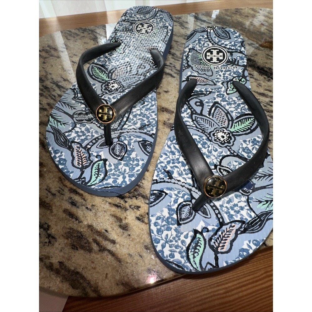 Tory Burch Flip Flops Blue Floral Logo Medalion Visible Brunch Beach Shop